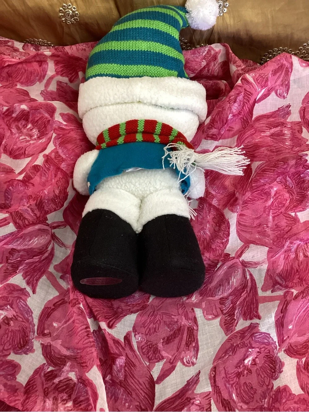 Plush Holiday Snowman with Green Striped Hat and Red-Green Scarf